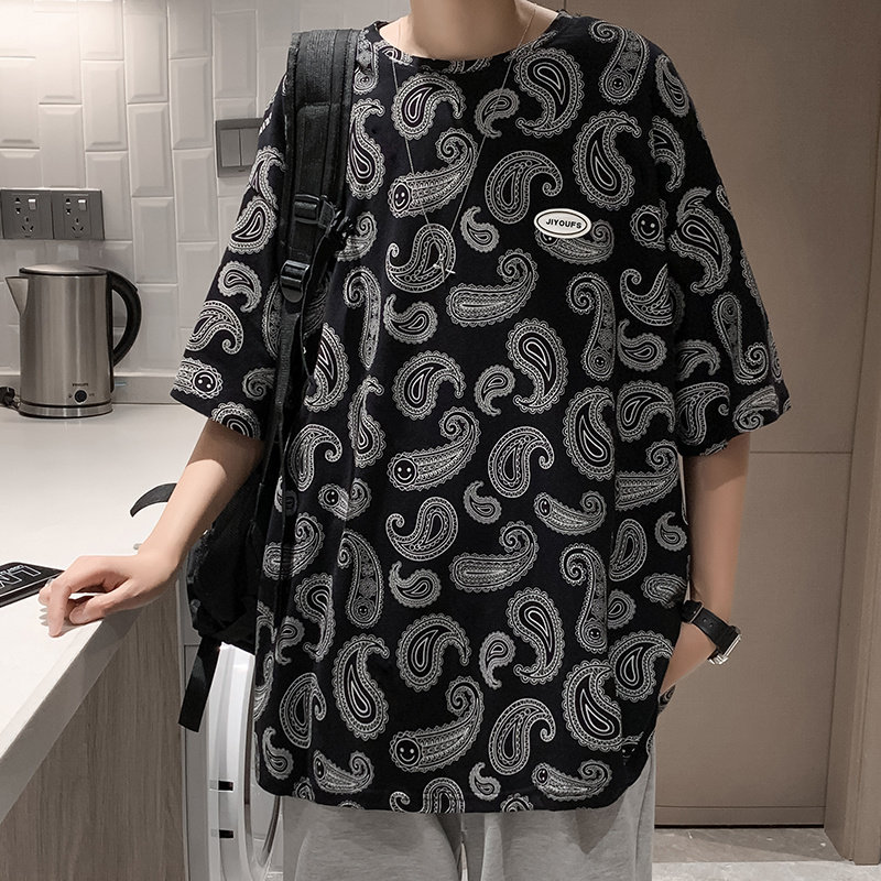 Summer cashew short sleeve Hong Kong Style T-shirt versatile half sleeve top trend loose Quarter Sleeve