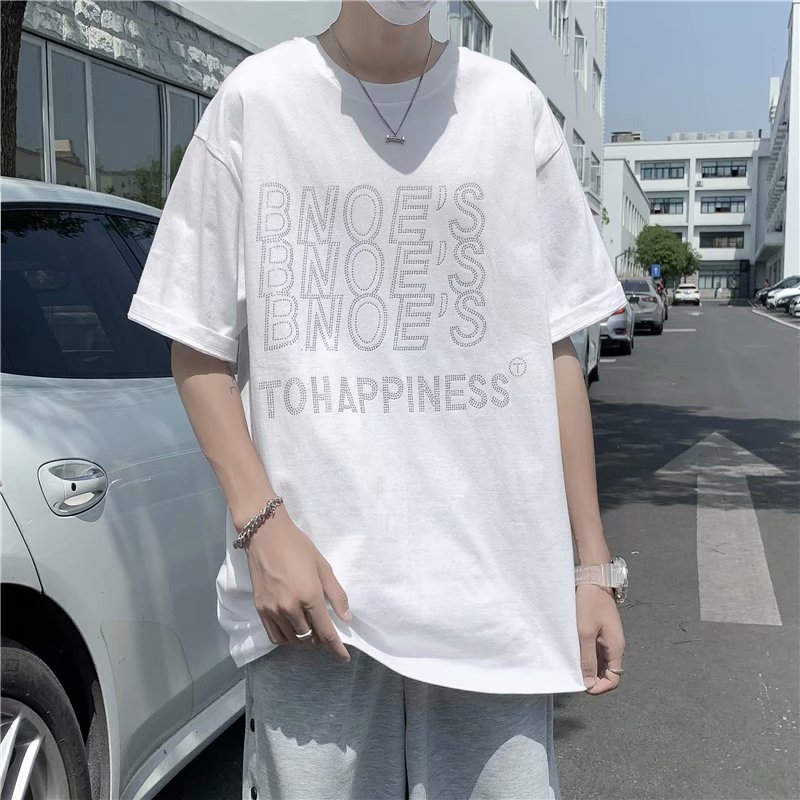 Hot drill 5 / 4 sleeve fashion brand letter short sleeve t-shirt men's and women's loose and shiny High Street Fashion Top
