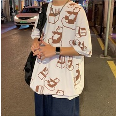 Korean Short Sleeve loose trend 5-sleeve summer Hong Kong Style couple