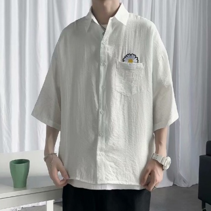 Buddhist short sleeve shirt Hong Kong Style loose and breathable Korean fashion 5-sleeve shirt jacket