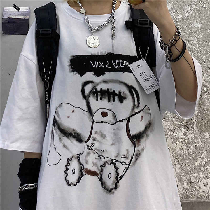 Original South Korea original design bear print couple short sleeve cotton men's and women's T-shirt