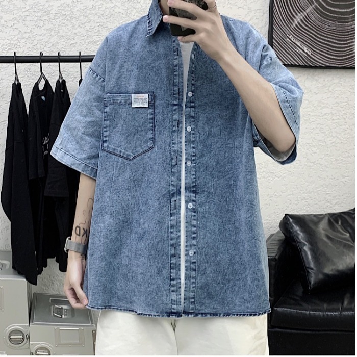 港風百搭外套男潮韓版潮流痞帥上衣服牛仔外套五分袖