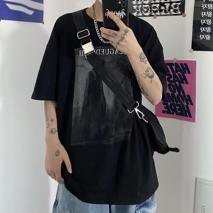 Original new ins dark street God print round neck loose half sleeve men's and women's T-shirt fashion