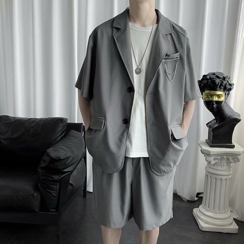 西服西褲套裝五分袖炸街外套港味薄款韓版寬鬆短袖短褲