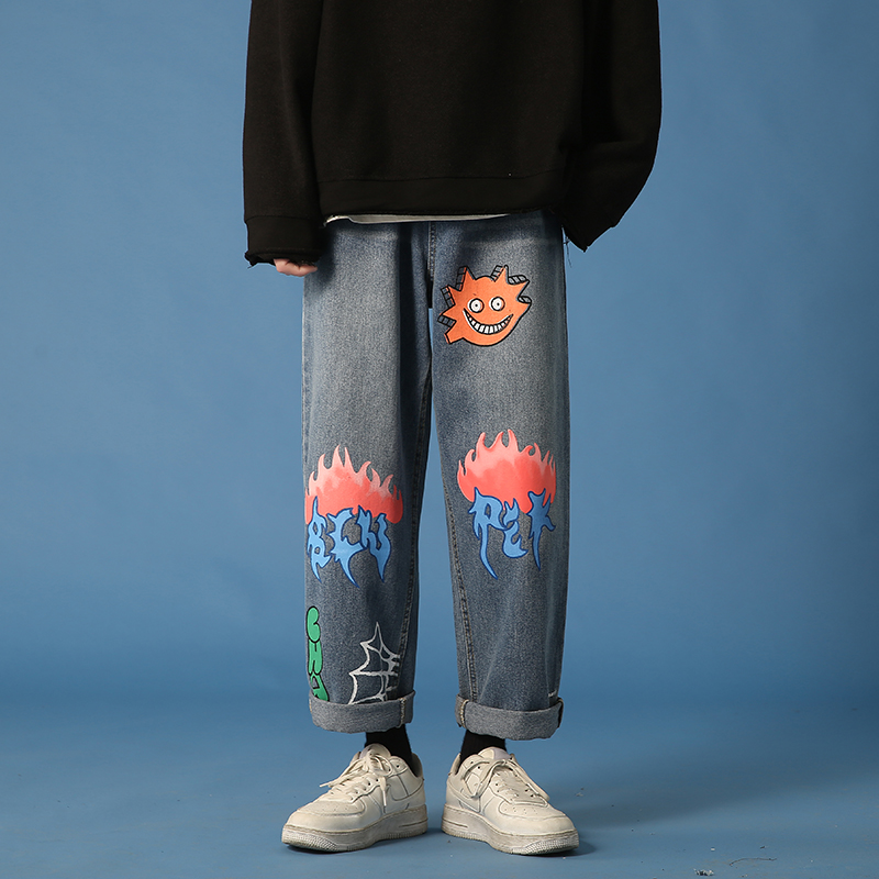 春夏季牛仔褲男生寬鬆九分褲卡通怪獸印花褲