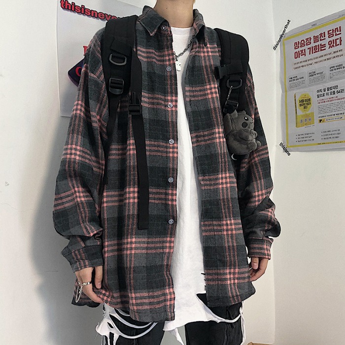 韓國ins原宿風復古經典格子開叉襯衫寬鬆襯衣男女