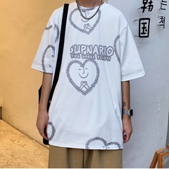 Short sleeve t-shirt men's loose trend 5 / 6 sleeve summer Hong Kong Style couple's clothes full of love students