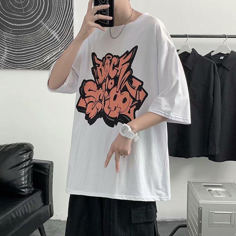 Street style short sleeve T-shirt loose summer new graffiti letter print half sleeve top pure cotton