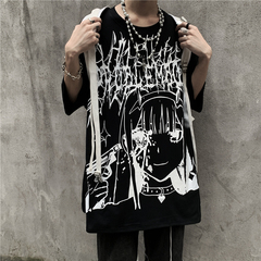 Original ins dark cartoon character print large flower space loose short sleeve lovers T-shirt