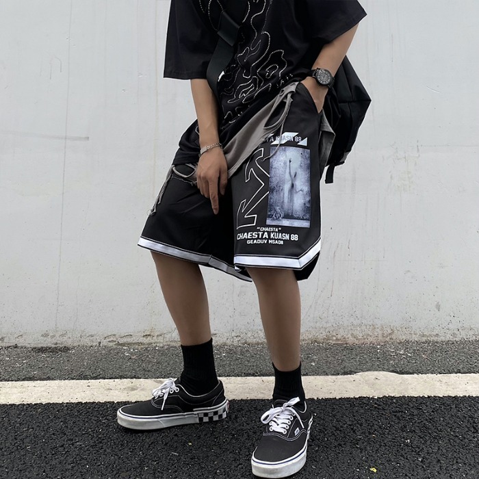 Fashion brand ins arrow letter print casual sports basketball pants couple's loose wide leg shorts