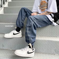 新款春秋灰色運動抽繩束腳褲男韓版寬鬆高街排扣闊腿褲子百搭