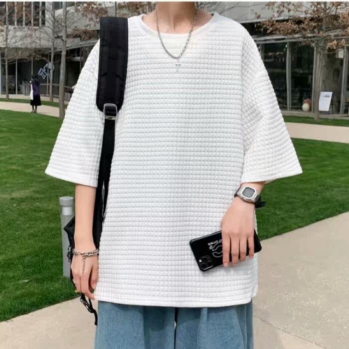 2021夏裝短袖男潮ins港風五分袖華夫格上衣寬鬆休閒T恤