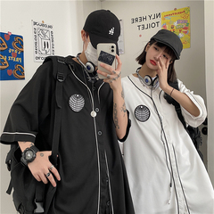 Original summer American fried Street baseball cardigan short sleeve men's and women's printing loose casual shirt