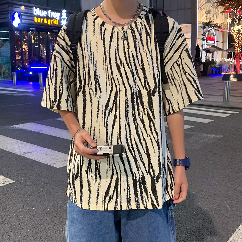 七分袖斑馬紋短袖T恤夏季男潮流ins百搭寬鬆半袖體恤