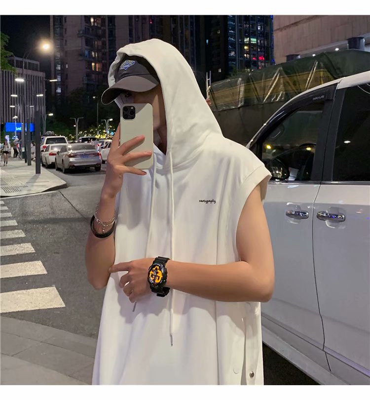 Sleeveless T-shirt men's summer vest hooded split off trend sports jacket new loose waistcoat