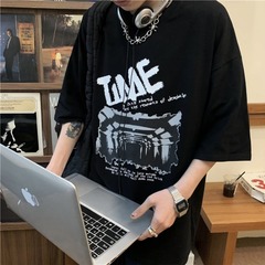 Harajuku high street dark wind black and white letter printing trend ruffian handsome loose short sleeve T-shirt for men and women