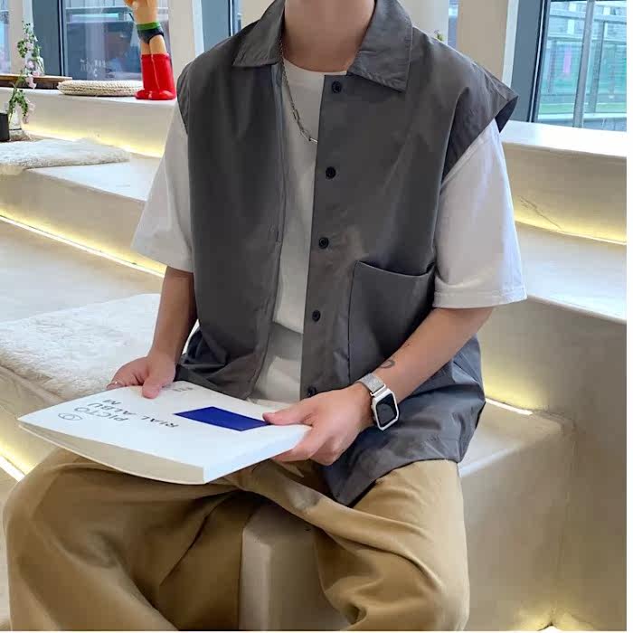 無袖貼袋馬甲夏季薄工裝背心港風寬鬆純色外搭無袖襯衣