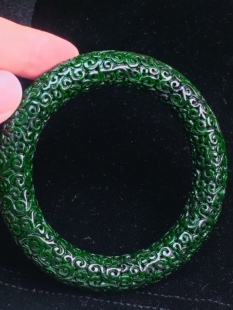 天然缅甸翡翠A货满色干青仿古雕花手镯花青圆条镯手工精雕
