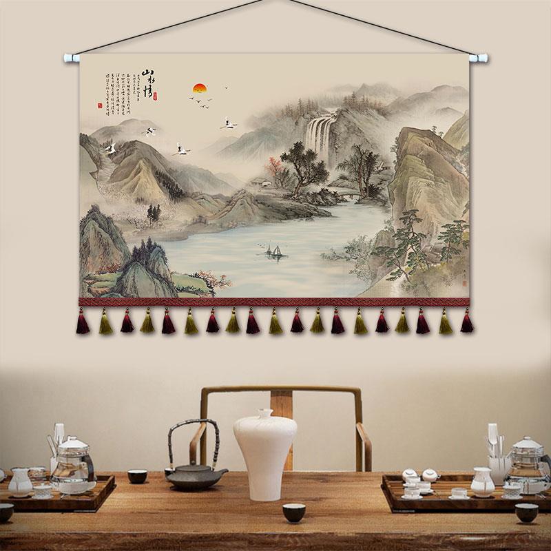 中式水墨山水挂画 画布艺卧室床头装饰画 画沙发背景墙挂毯茶室挂图片