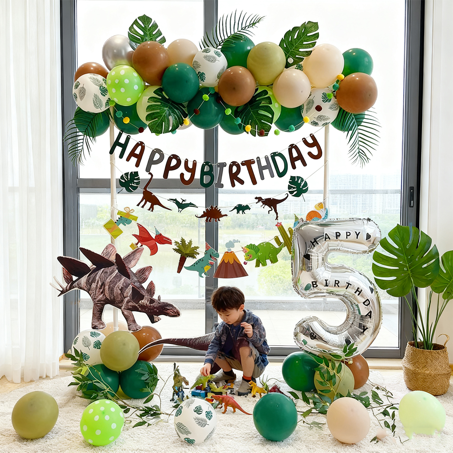 男孩生日布置恐龙主题拱门气球