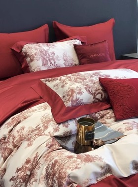 四件套2024年新款纯棉100s长绒棉红色婚庆全棉数码印花高级感床品
