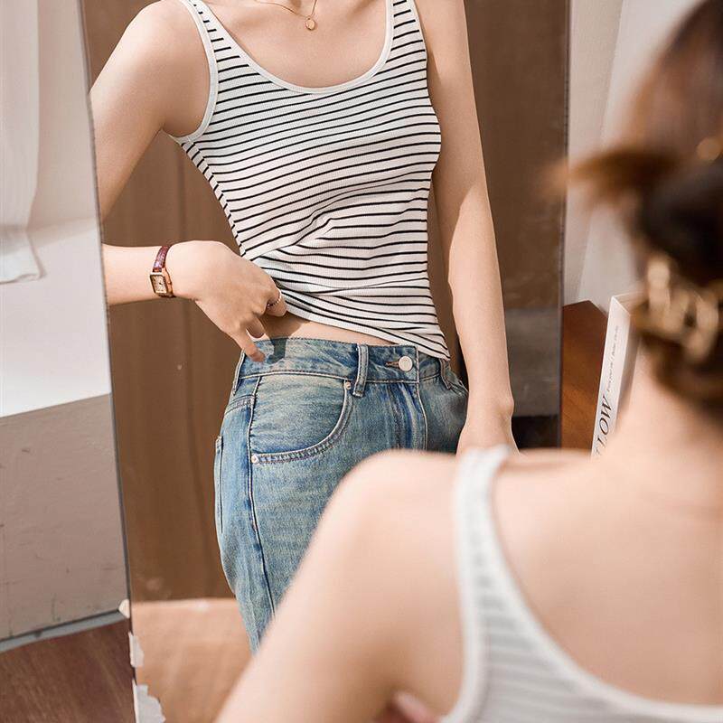 甄选260g纯棉条纹吊带背心女夏2026新款U领修身显瘦打底外穿上衣