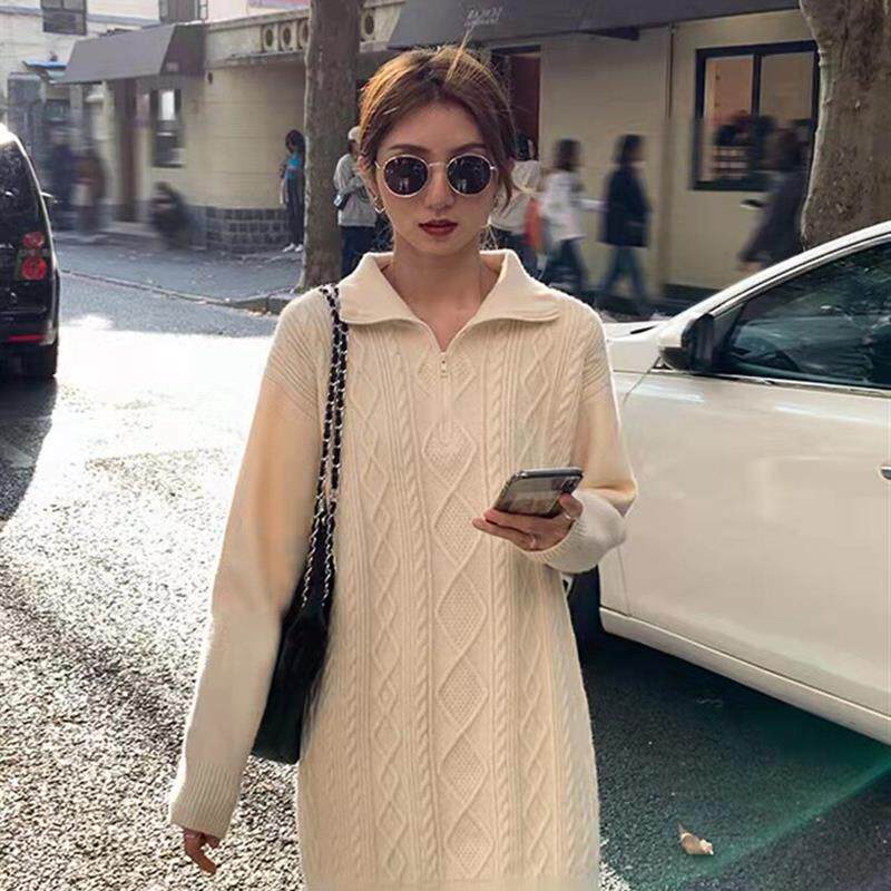 中长款麻花毛衣裙女秋冬配大衣宽松慵懒风加厚拉链软糯针织连衣裙