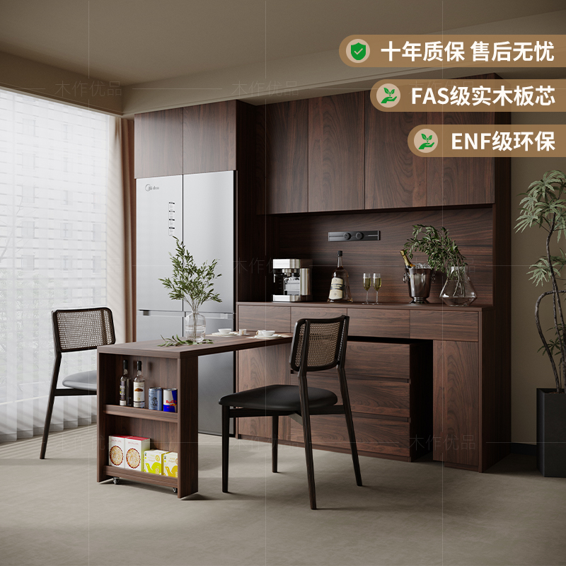 实木餐边柜带可旋转餐桌中古风