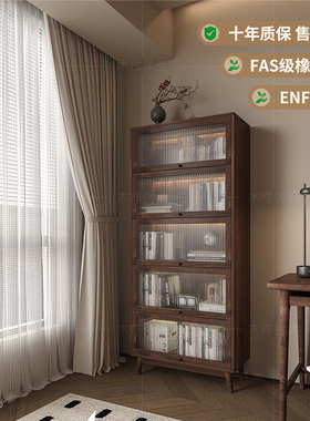 中古风防尘书柜实木书架置物架法式复古落地家用客厅立柜高窄柜