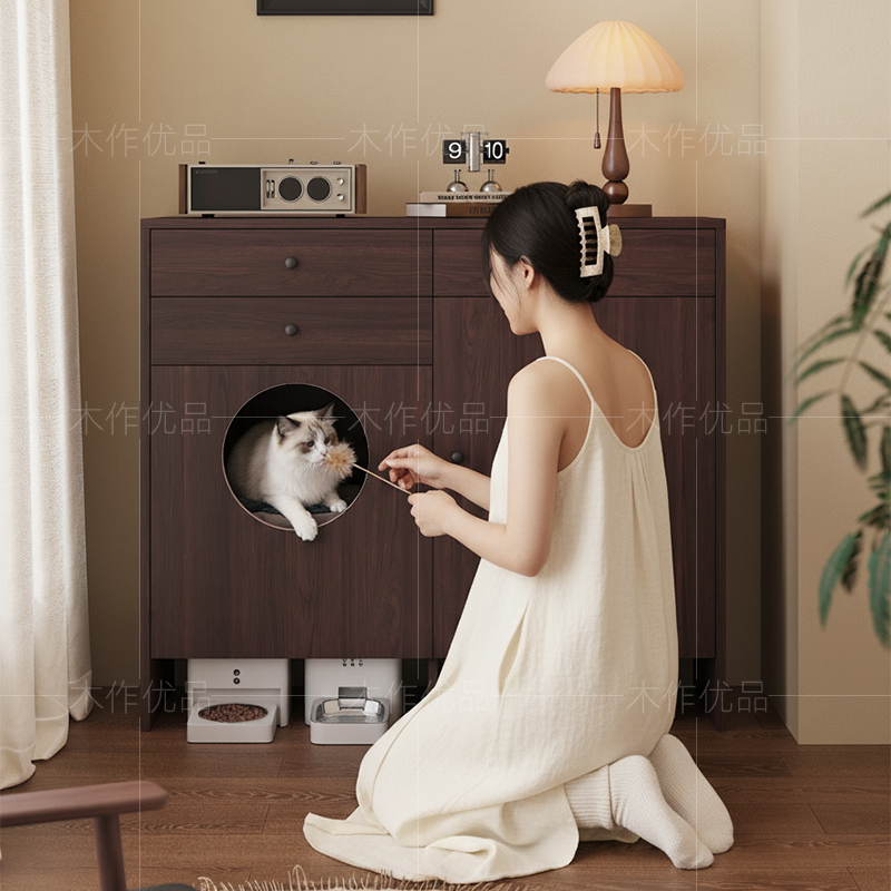 中古风扫地机器人猫窝一体收纳柜