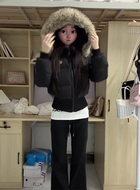 黑色毛领短款棉服女款2025新款冬季保暖夹棉加厚外套修身收腰棉袄