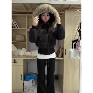 黑色毛领短款棉服女款2025新款冬季保暖夹棉加厚外套修身收腰棉袄