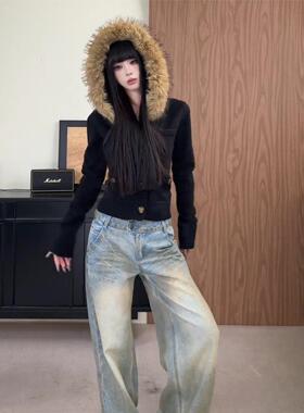 美式黑色可拆卸毛领连帽外套女秋冬加绒加厚气质休闲短款开衫上衣