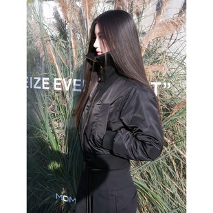 网红黑色短款棒球服女秋冬新款小个子高腰显瘦半高领棉服夹克外套