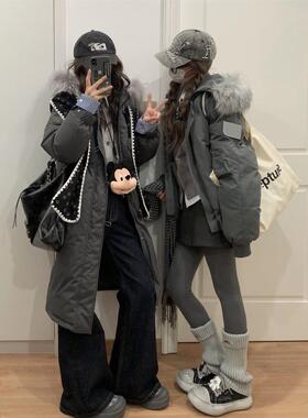 美式大毛领羽绒棉服女冬季加厚超好看oversize派克服工装棉袄外套