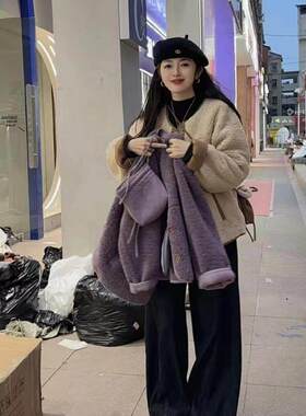 高级感拼色圆领单排扣皮毛一体加厚毛毛外套女2025冬新款时尚上衣
