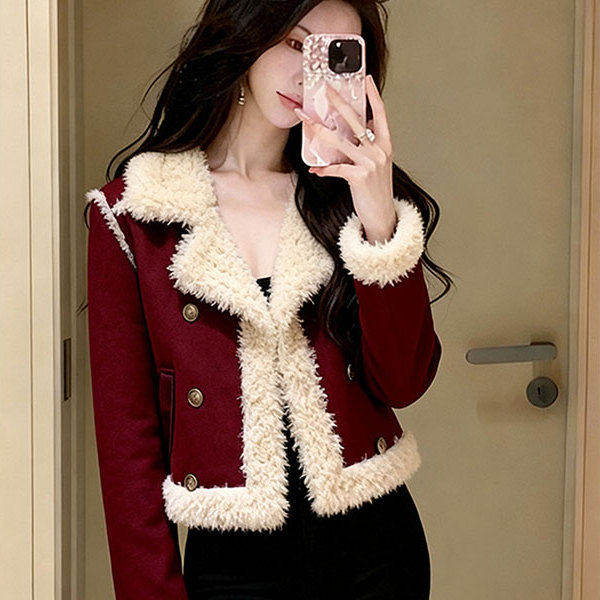 小香风红色羊羔绒短外套女2025冬季新款独特漂亮气质加厚上衣,女装/女士精品,短外套,淘宝优惠券,粉丝福利购,淘宝优惠卷