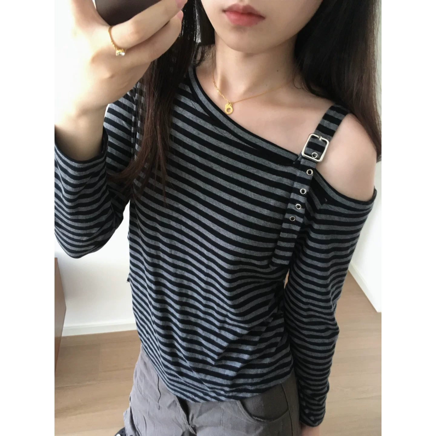 韩系复古拼接条纹修身显瘦上衣女