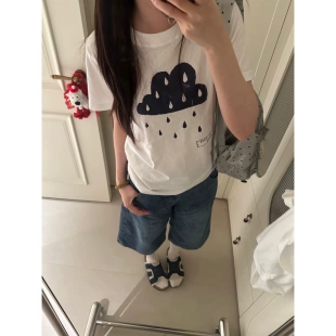 美式乌云小雨印花t恤女短袖夏季新款设计感小众纯棉半袖百搭上衣