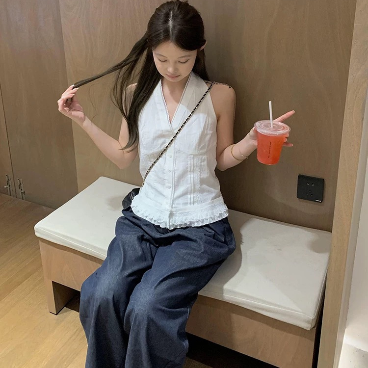 褶皱单件通勤插腰白色挂脖韩系