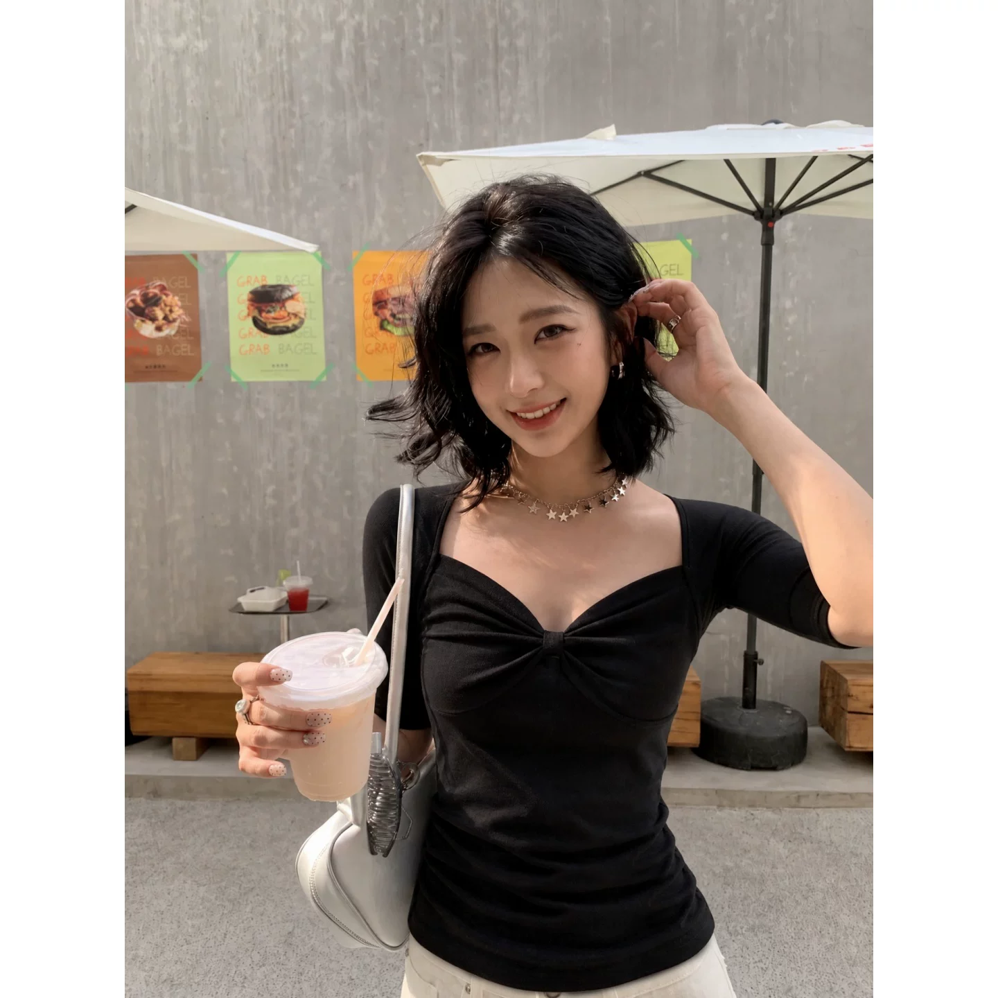 美式辣妹拼接蝴蝶结修身小上衣