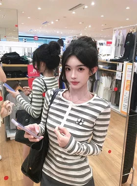 美式复古亨利领拼接条纹修身上衣