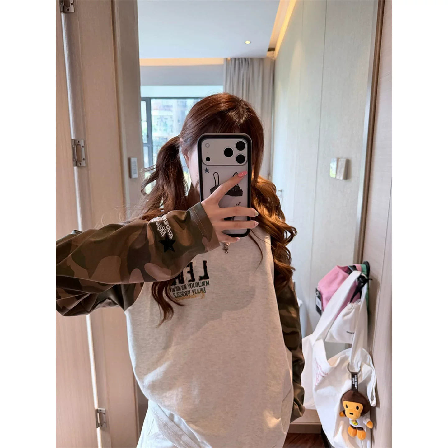 美式高街拼接迷彩别致长袖上衣女