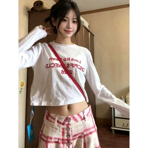 韩系甜辣印花字母微透长袖罩衫T恤女秋季叠穿防晒辣妹短款上衣潮