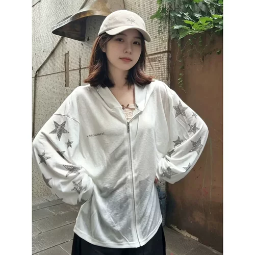 美式星星烫钻宽松防晒开衫外套