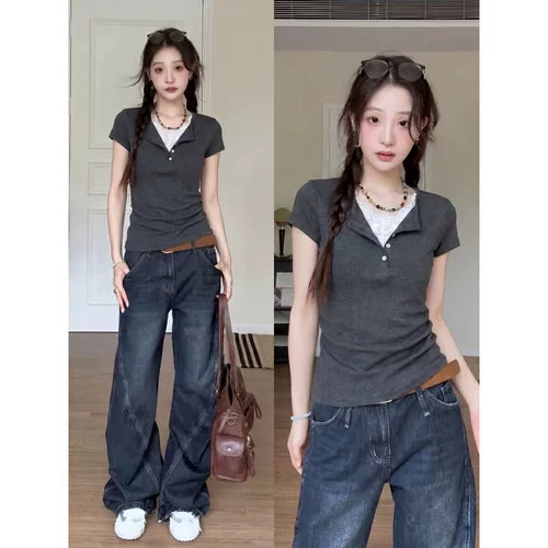 美式辣妹拼接修身显瘦上衣潮