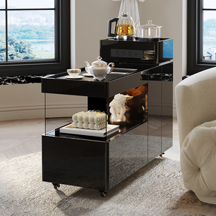 轻奢实木沙发边几烧水泡茶一体茶水柜小茶几高级感黑色可移动边柜