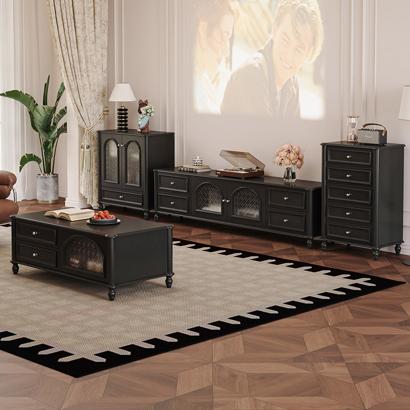 法式复古风实木电视柜茶几组合中古风电视机柜美式黑色2025年新款