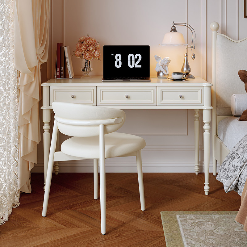 法式实木电脑桌卧室小型家用办公桌书桌带抽屉奶油风学习桌写字桌