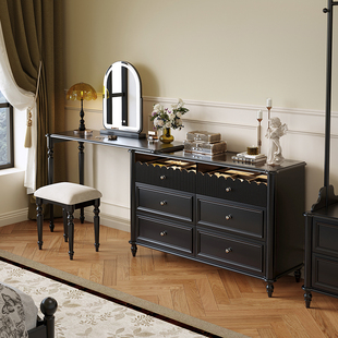 法式复古斗柜梳妆台一体实木烤漆主卧黑色美式化妆桌床尾柜中古风